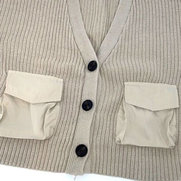 English Factory Womens Cardigan Sweater Crop Long Sleeve Acrylic Beige Large - Picture 3 of 7